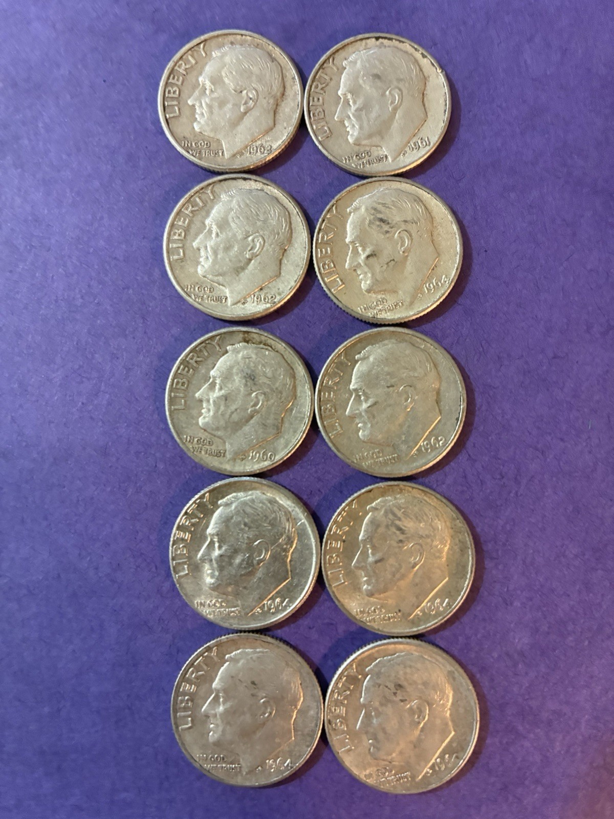 {Lot of 10} 90% Silver Roosevelt Dimes – 1946-1964 (various mints/dates)
