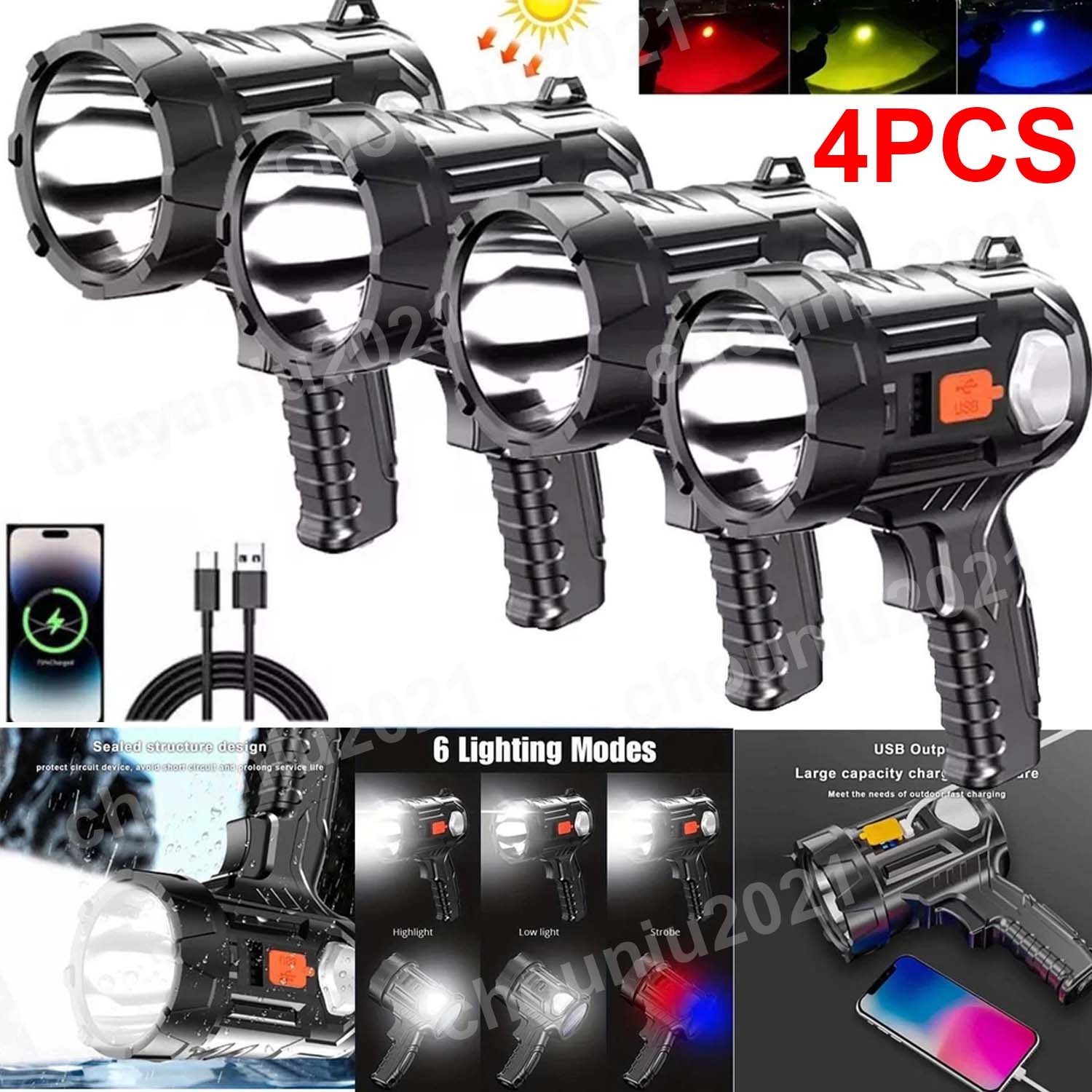 4PCS Solar/USB Super Bright Rechargeable LED Spotlight Flashlight Searchlights