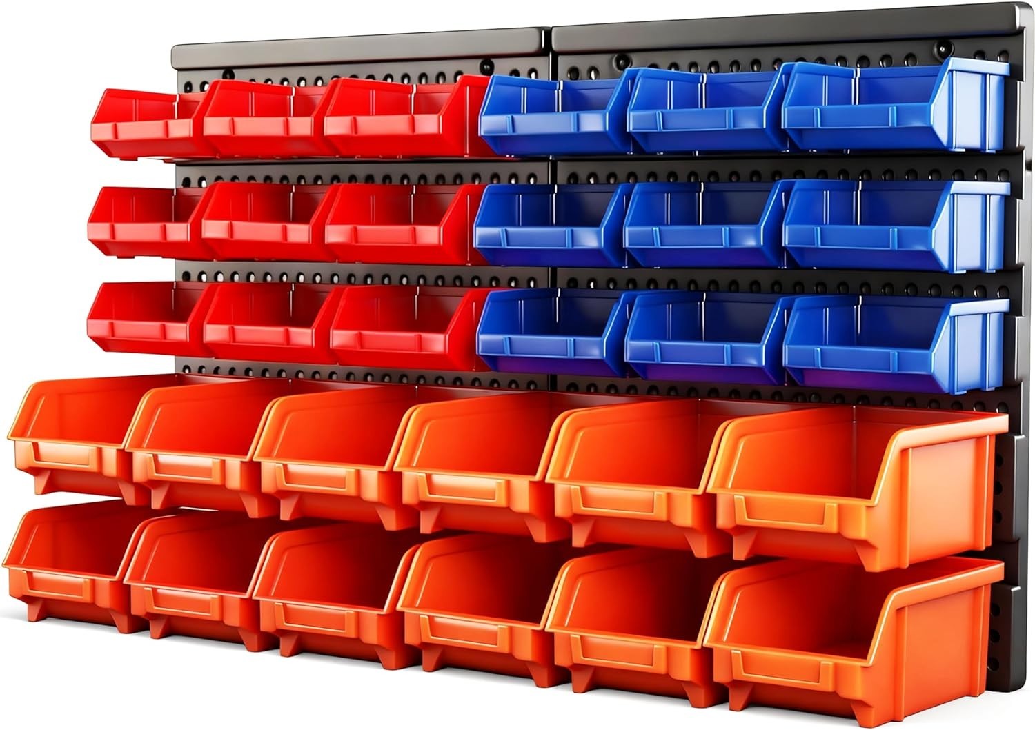 Organizador Pared 30 Bins Plástico para Garaje y Taller