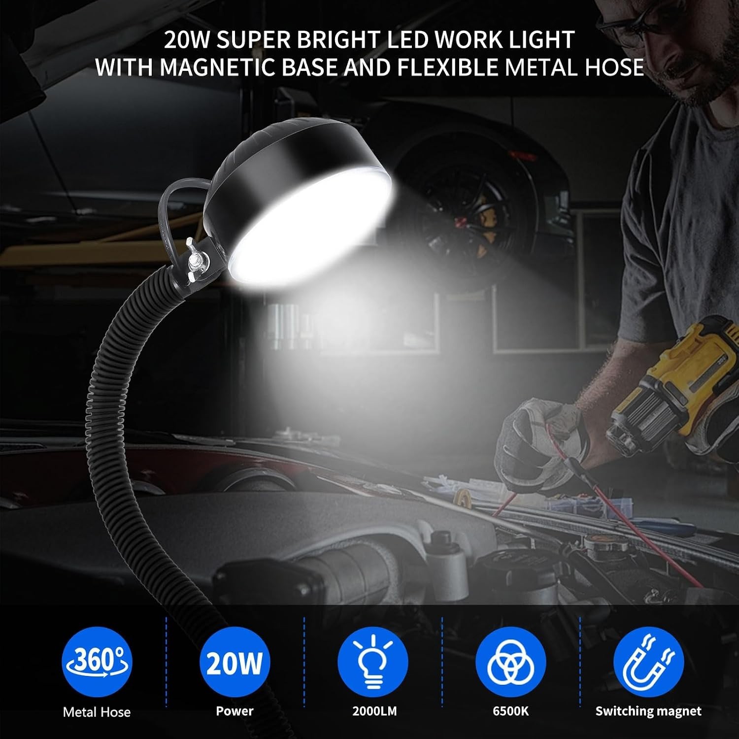 Magnetic Work Light, 2000 Lumens LED Machine Light with 20 in Flexible & Magneti
