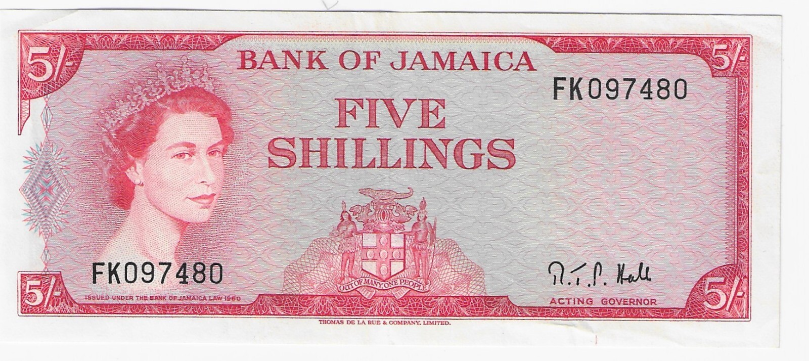 Jamaica Five Shilling P51Ac Red EF Extra Fine Nice note
