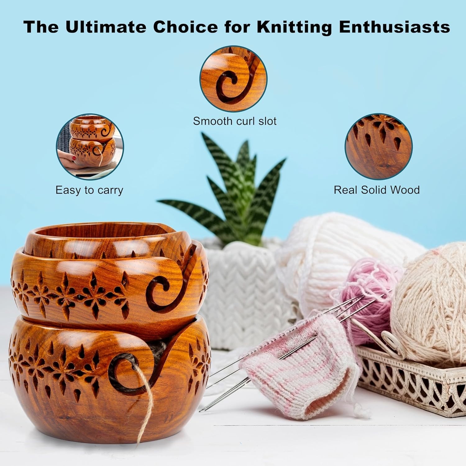 Authentic Rosewood Yarn Bowl Set with Deep Rich Finish for Knitting Accessories