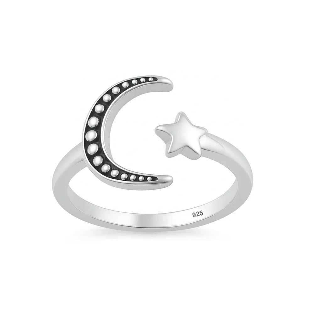 Adjustable Moon & Star Toe Ring Genuine Sterling Silver 925 Oxidized Finish 12mm
