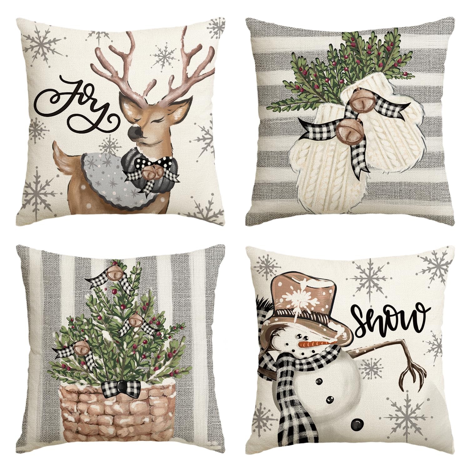 Christmas Decoration Snowflakes Snowman Reindeer Throw Pillow Covers 4PCS 18x18"