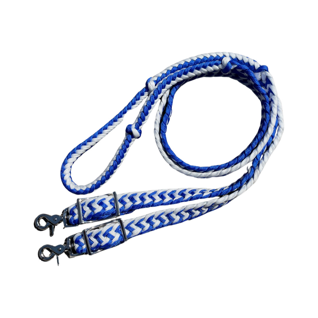 Braided Barrel Reins 8 ft long with 2 Scissor Snaps Blue/White #55030