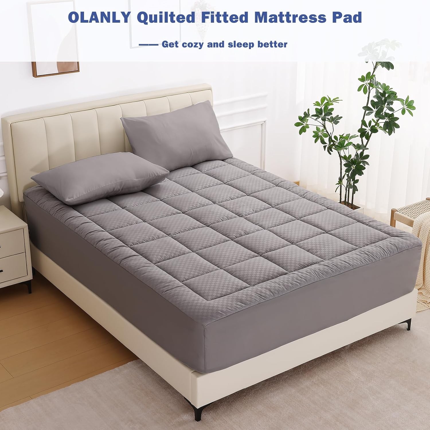 OLANLY Queen Quilted Fitted Mattress Pad, Cooling Soft Queen, Light Grey