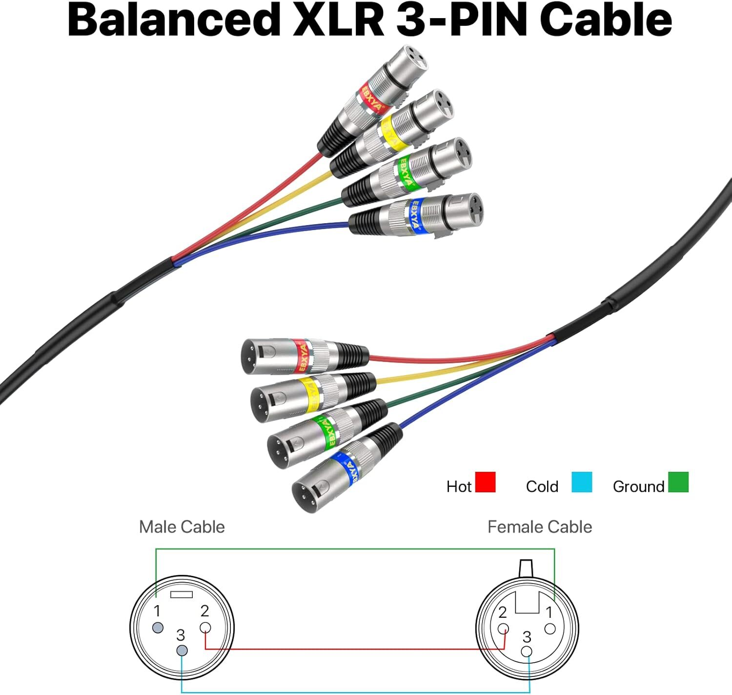 EBXYA 20 Ft 4 Channel XLR Snake 4 Colored - Premium 1 Pack, Blue,Green,Red