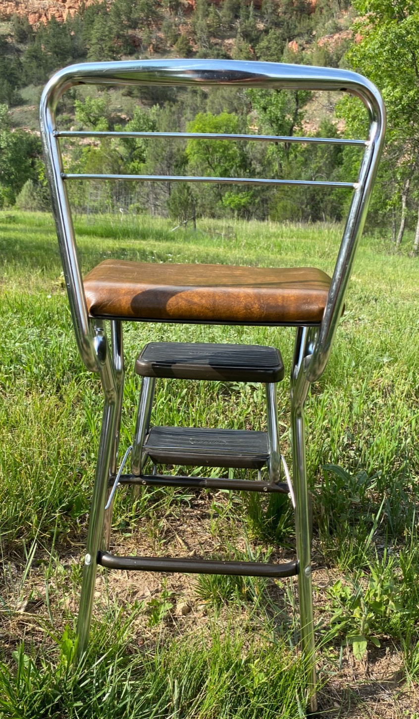 Vintage Cosco Chrome Kitchen 2 Step Stool Brown Seat 32 Inches Tall