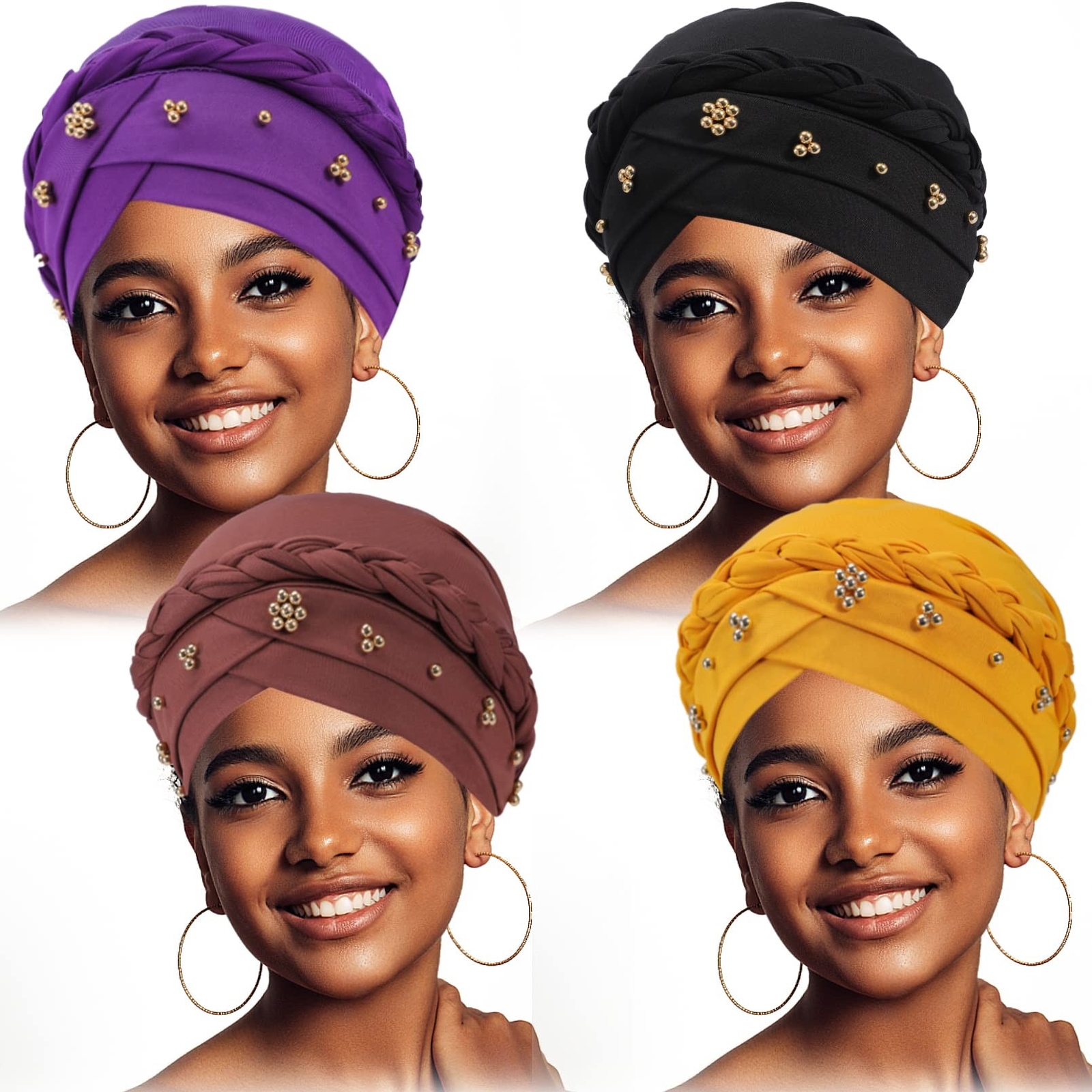 Women Turban Cap, Beaded Headscarf Beanie, African Braid Turban for Women, Tw...