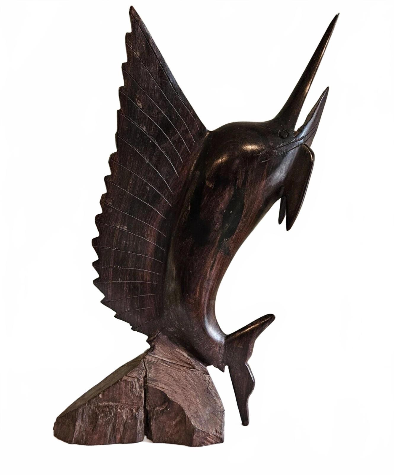 Carved Wood Sailfish Marlin Swordfish Sculpture Dark Wood 13 inches MCM Dad Gift