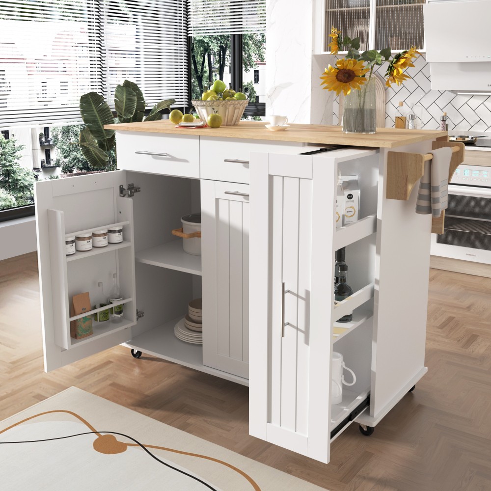 Kitchen Island with Drop Leaf with 3 Tier Pull Out Cabinet Organizer, White