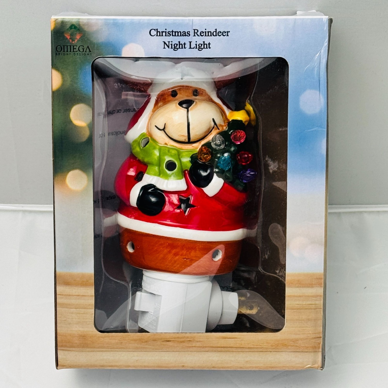 Omega Christmas Reindeer Night Light Ceramic Red Multicolor Bulb On/Off Switch