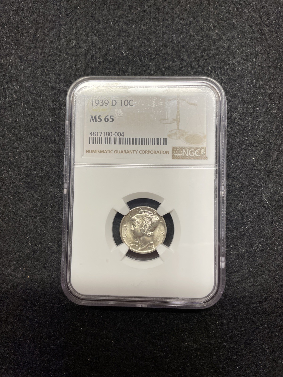 1939-D Mercury Silver Dime MS65 NGC, Bright & Beautiful! Old White Holder