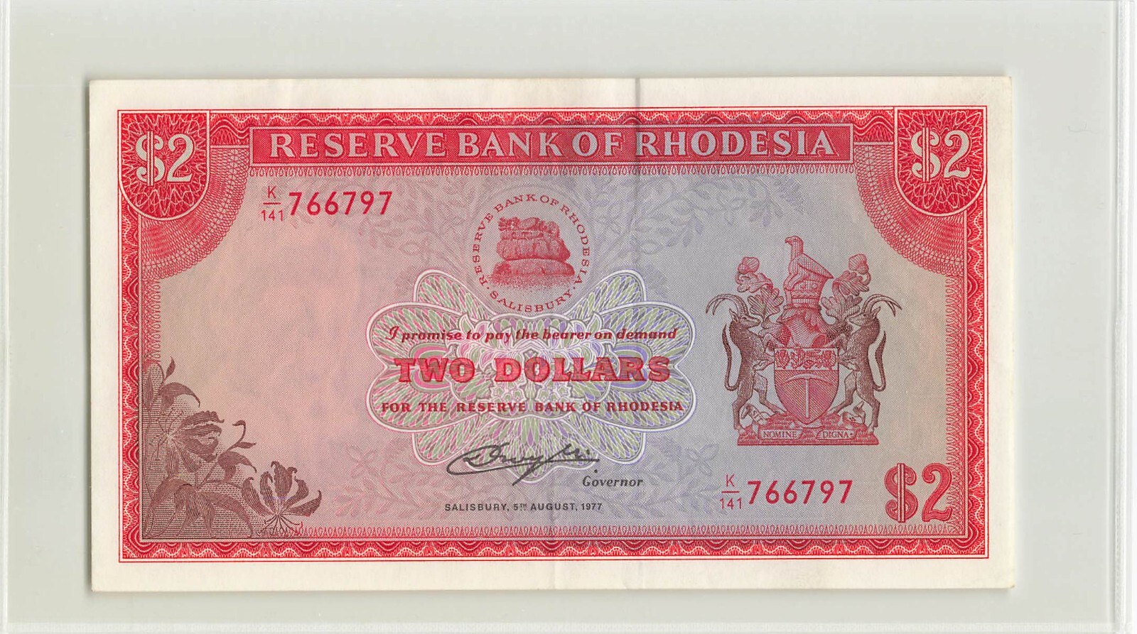 RHODESIA $2 Dollars 1977, P-35c, 5.8.77, Original EF/AU, K/141 766797.  C7