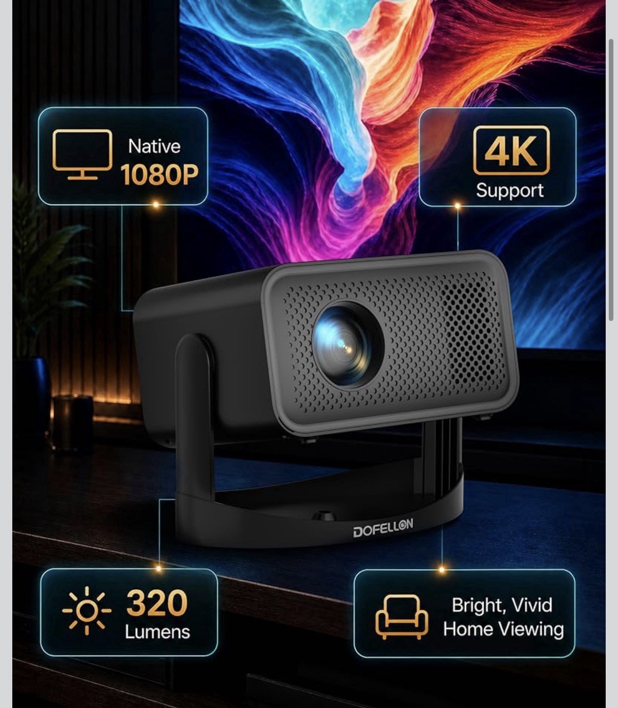 DOFELLON T16 LCD Projector 1080p Native 4K Support WiFi Bluetooth Remote bundle