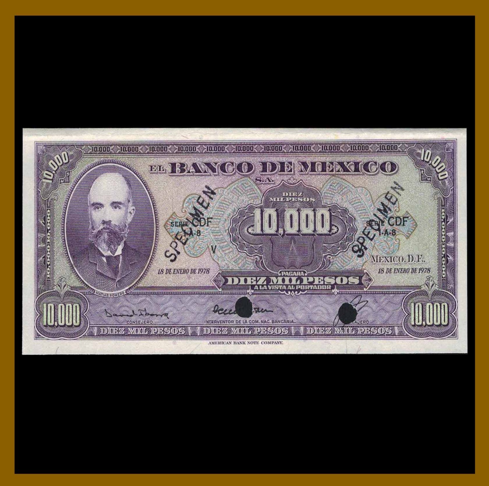 Mexico 10000 Pesos, 1978 P-72s M4644Bc2 Serie CDF white Border Bend Specimen Unc