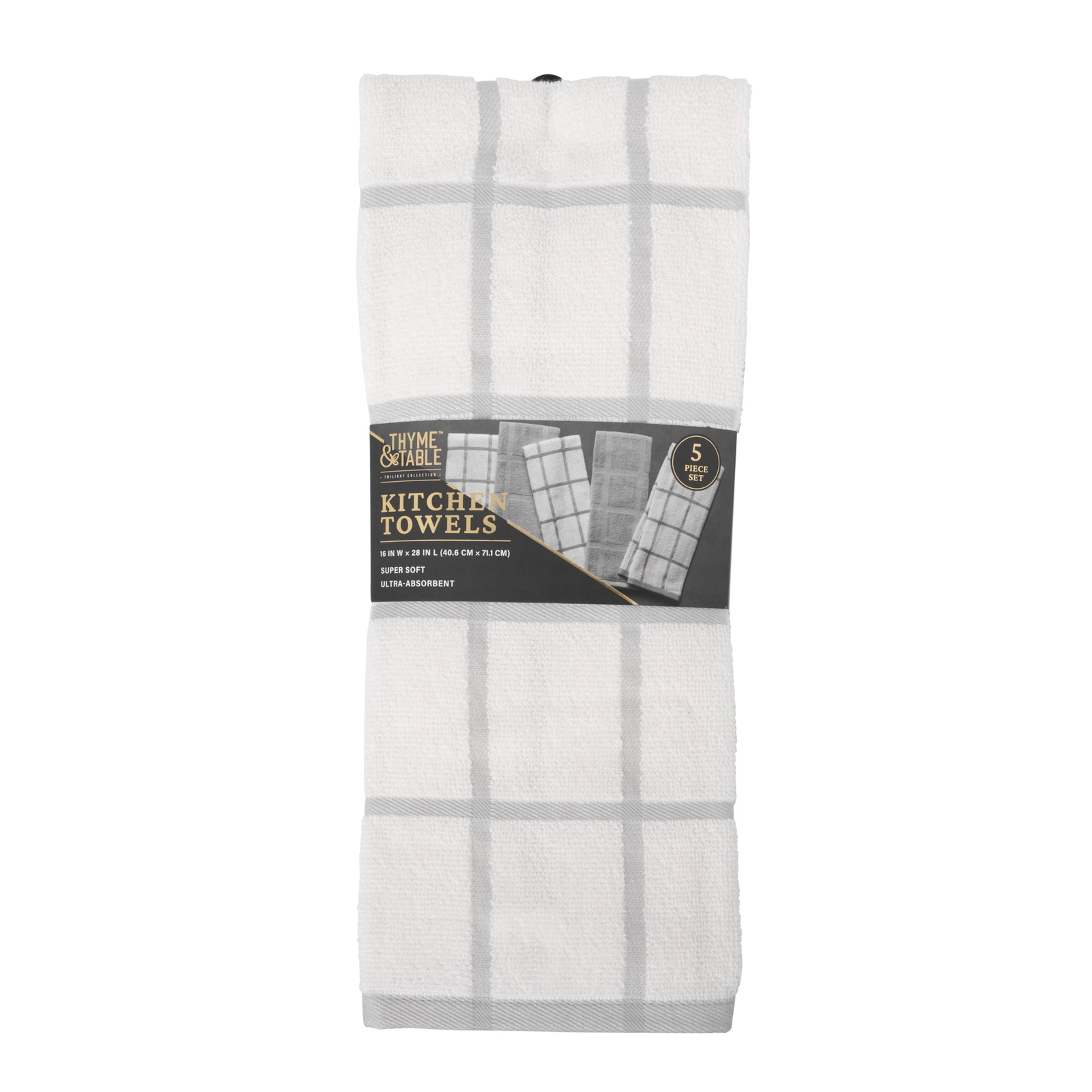 Kitchen Towels, Gray & White Windowpane, 5 Pack Set