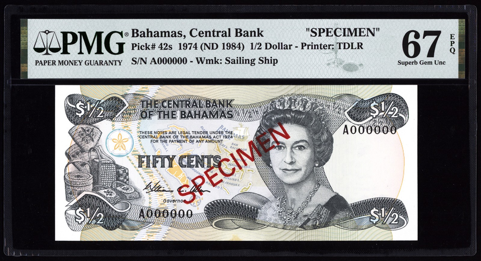 Bahamas 1/2 Dollar Specimen 1974 P42s PMG Superb Gem Uncirculated 67 EPQ TOP POP