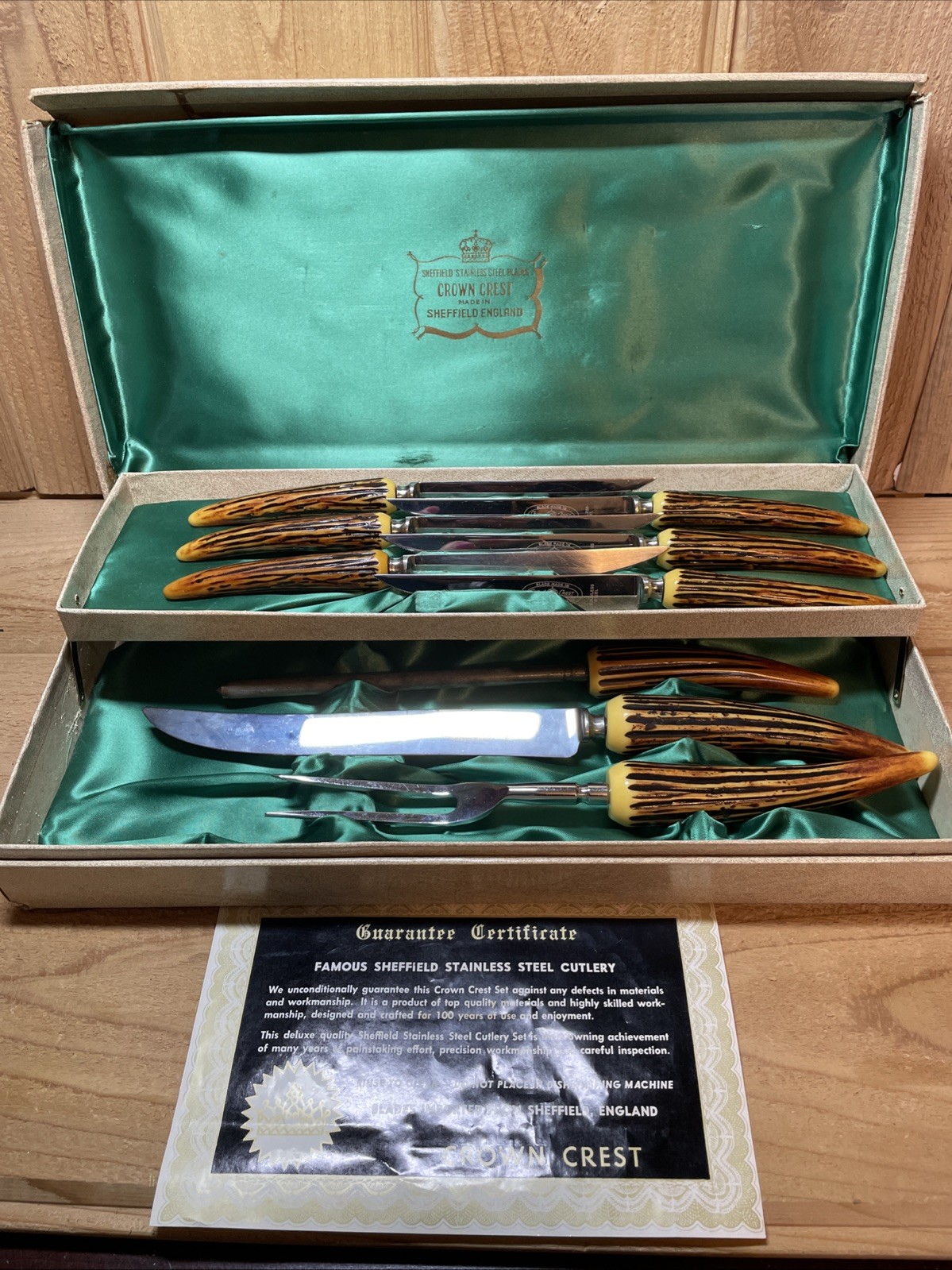 Vintage Crown Crest Sheffield Knife/Carving Set Faux Stag Horn Stainless England