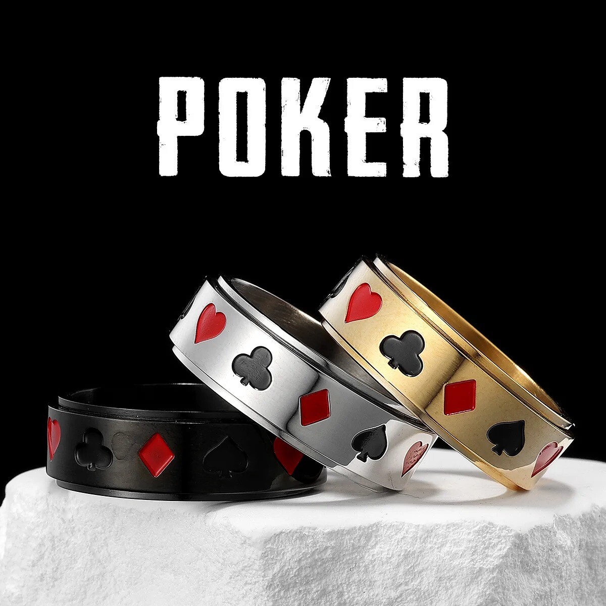 Lucky Poker Fidget Spinner Men Ring Stainless Steel Women Jewelry Punk Size 7-13