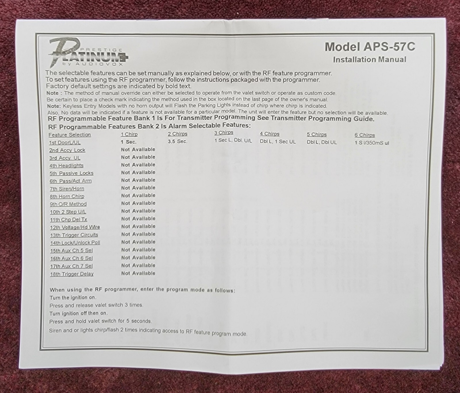 Prestige APS-57C Installation Manual * FREE SHIPPING *