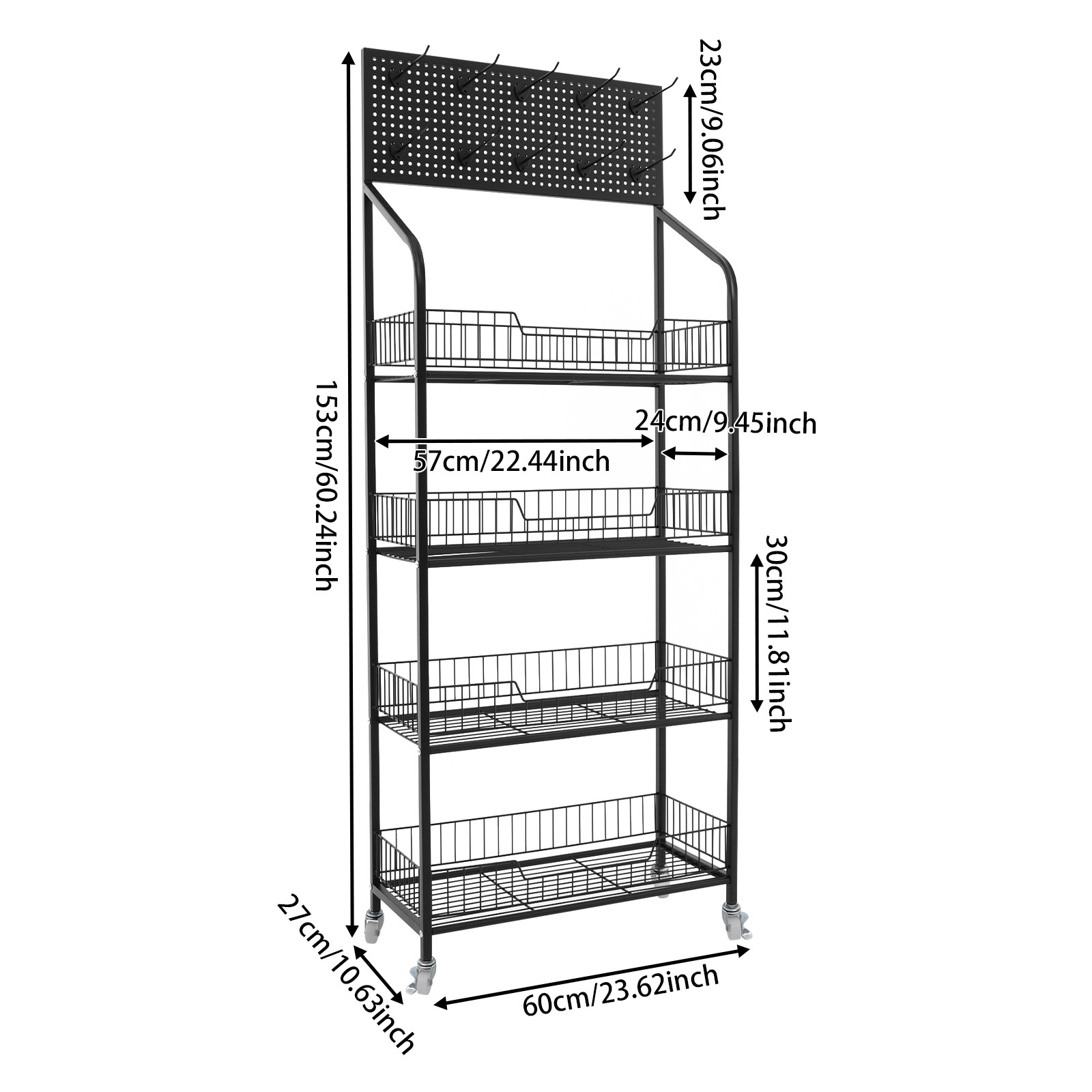 Rolling Retail Display Rack 4 Tier Black Store Merchandise Shelf Unit