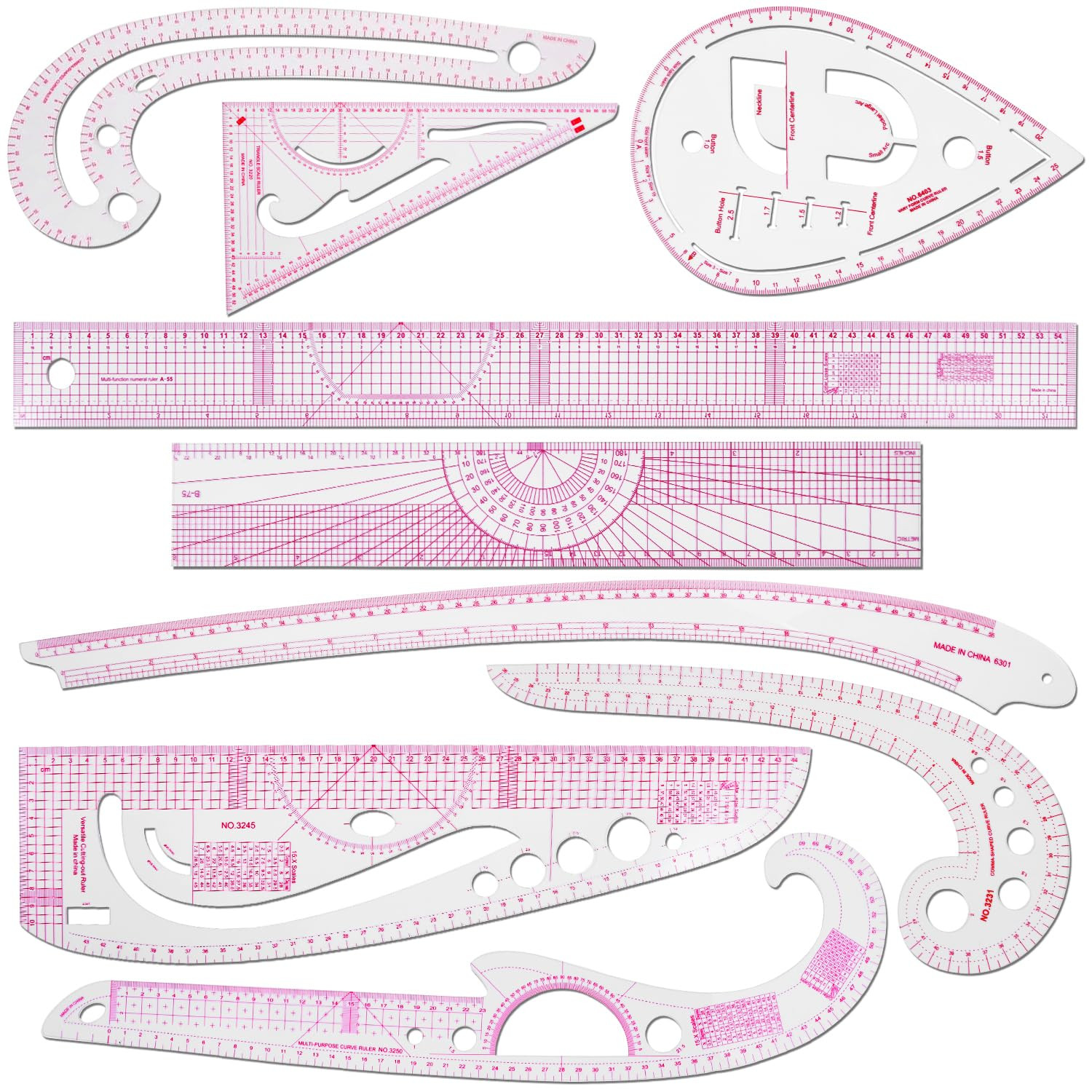 9 Pcs Clear Metric Sewing Ruler Set French Curve Pattern Making Ruler Kit for Kn