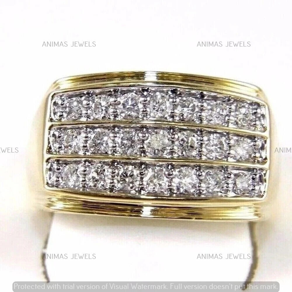 Moissanite 3Ct Round 3-Row Men's Wedding Anniversary Band 14K Yellow Gold Plated