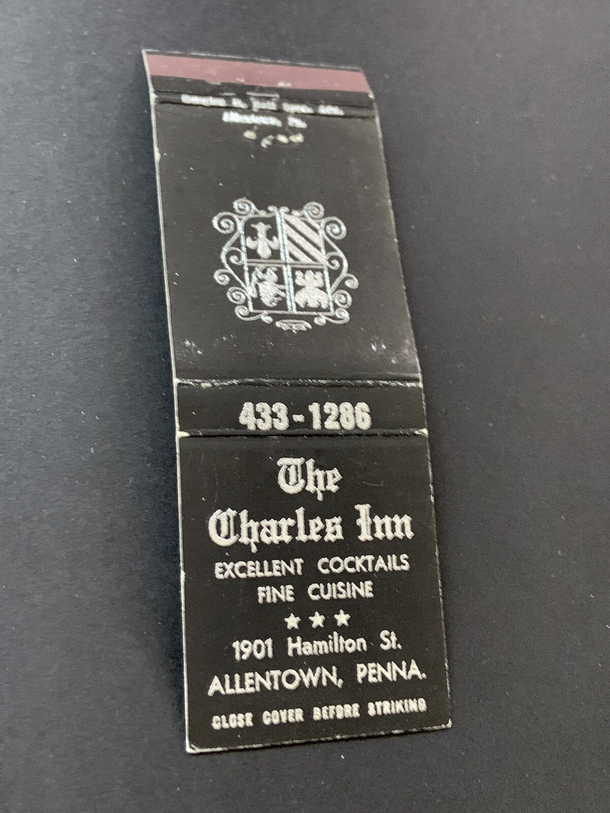 Vintage Pennsylvania Matchbook “The Charles Inn” Allentown