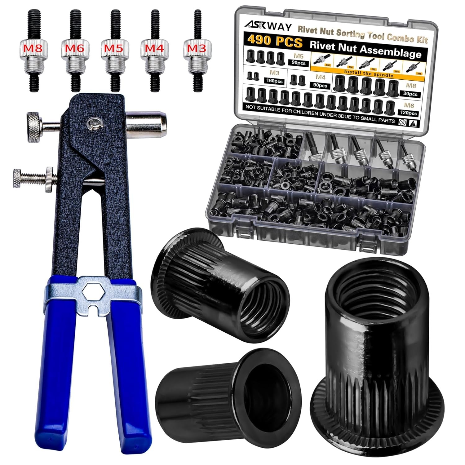 490Pcs Black Zinc Metric Rivet Nut Kit M3-M8 Auto Marine Industrial Use