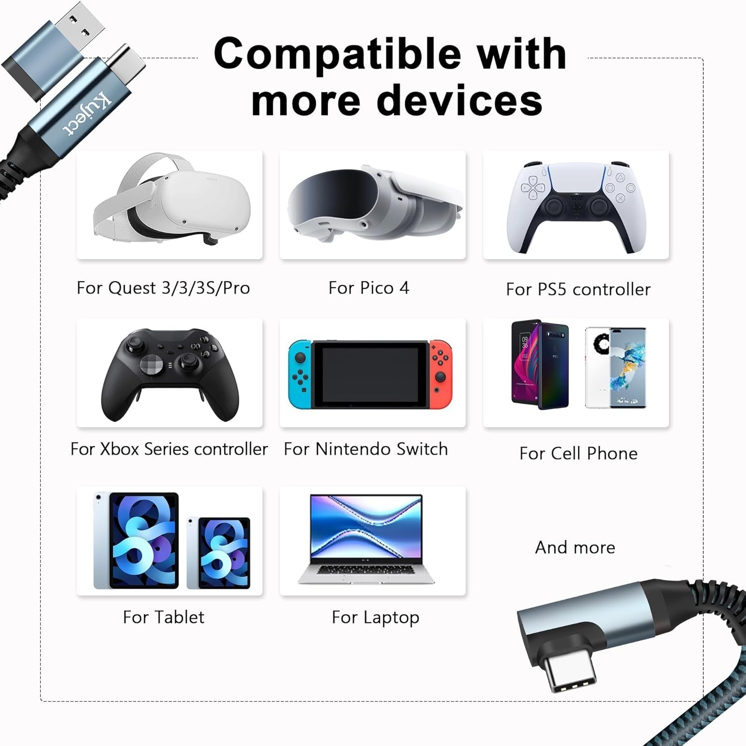 16FT Nylon Braided Link Cable for Quest 3/2/Pro & Pico 4 - High Speed USB 3.0
