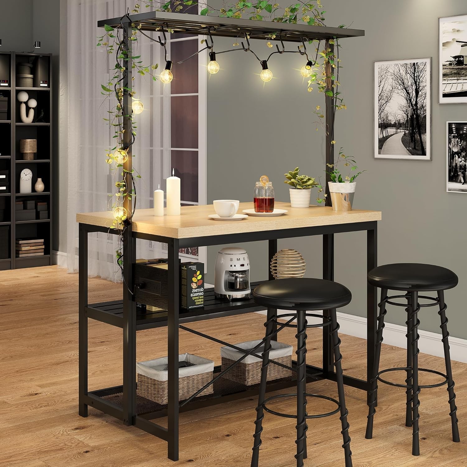 42"/47" Kitchen Island with 3-Tier Shelves & 5 Hooks, Storage for Dining Room