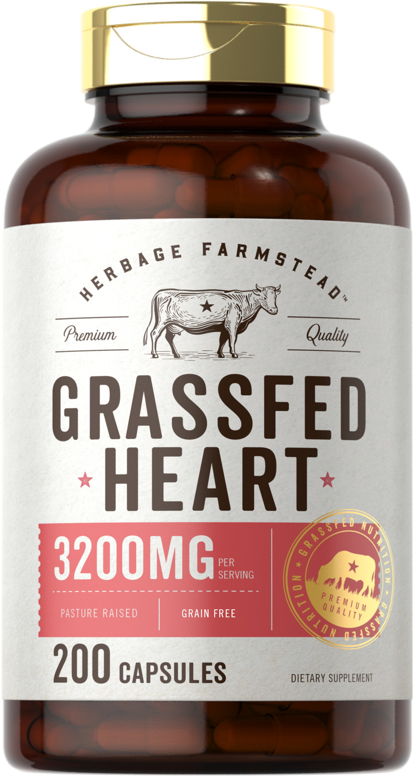 Grass Fed Beef Heart 3200mg 200 Capsules | Pasture Raised | by Herbage Farmstead