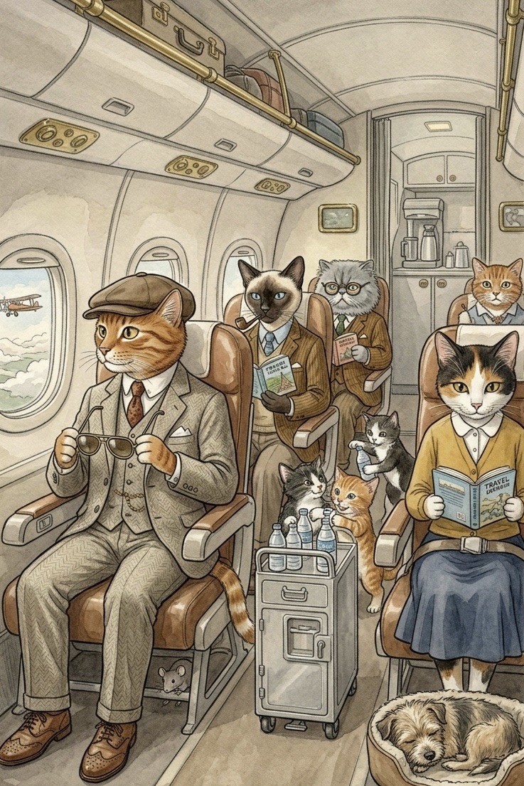 Anthropomorphic Cats Airplane Airline Scene Animals Modern Postcard B820