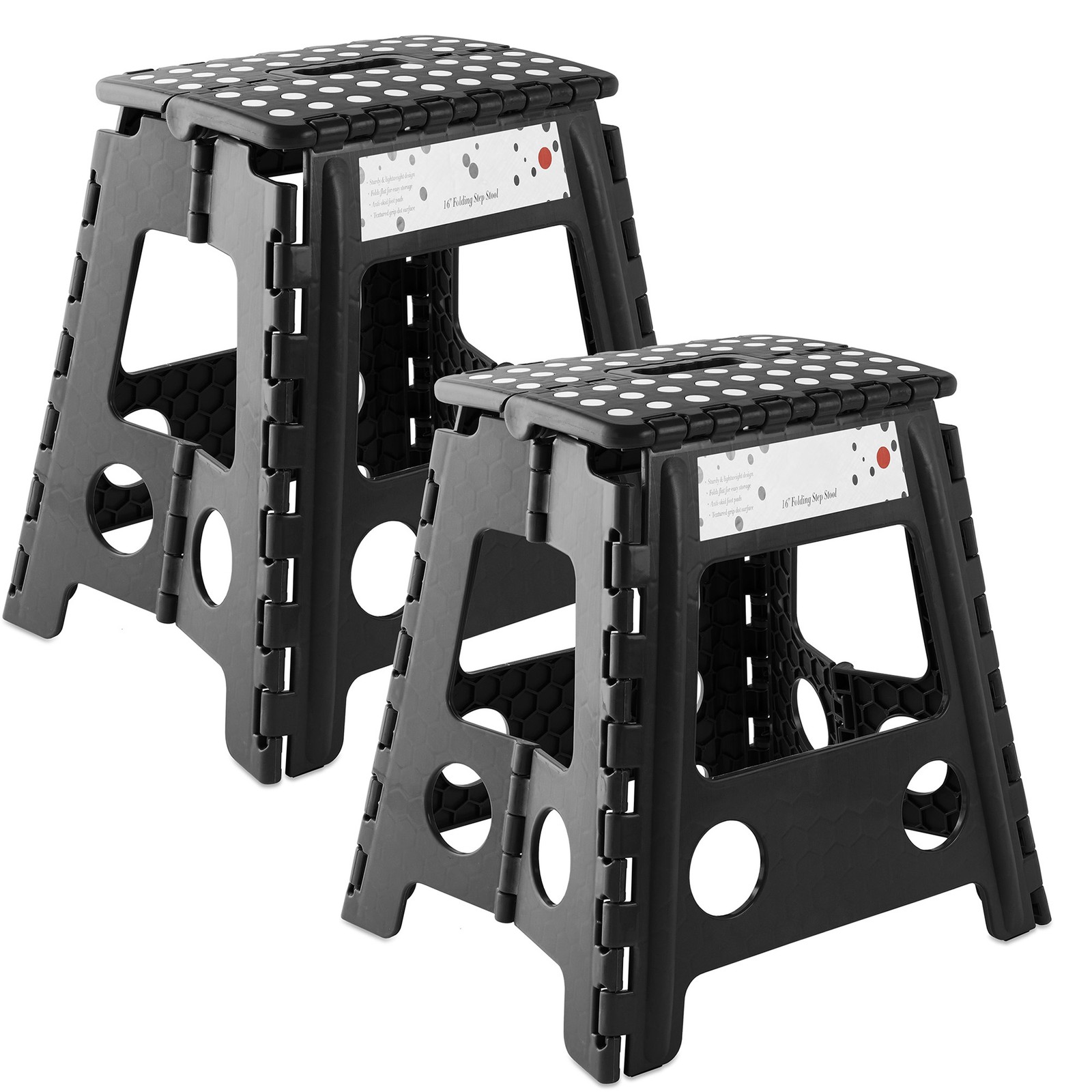 2 Pack - 16" Folding Plastic Step Foot Stools with Handle - Black