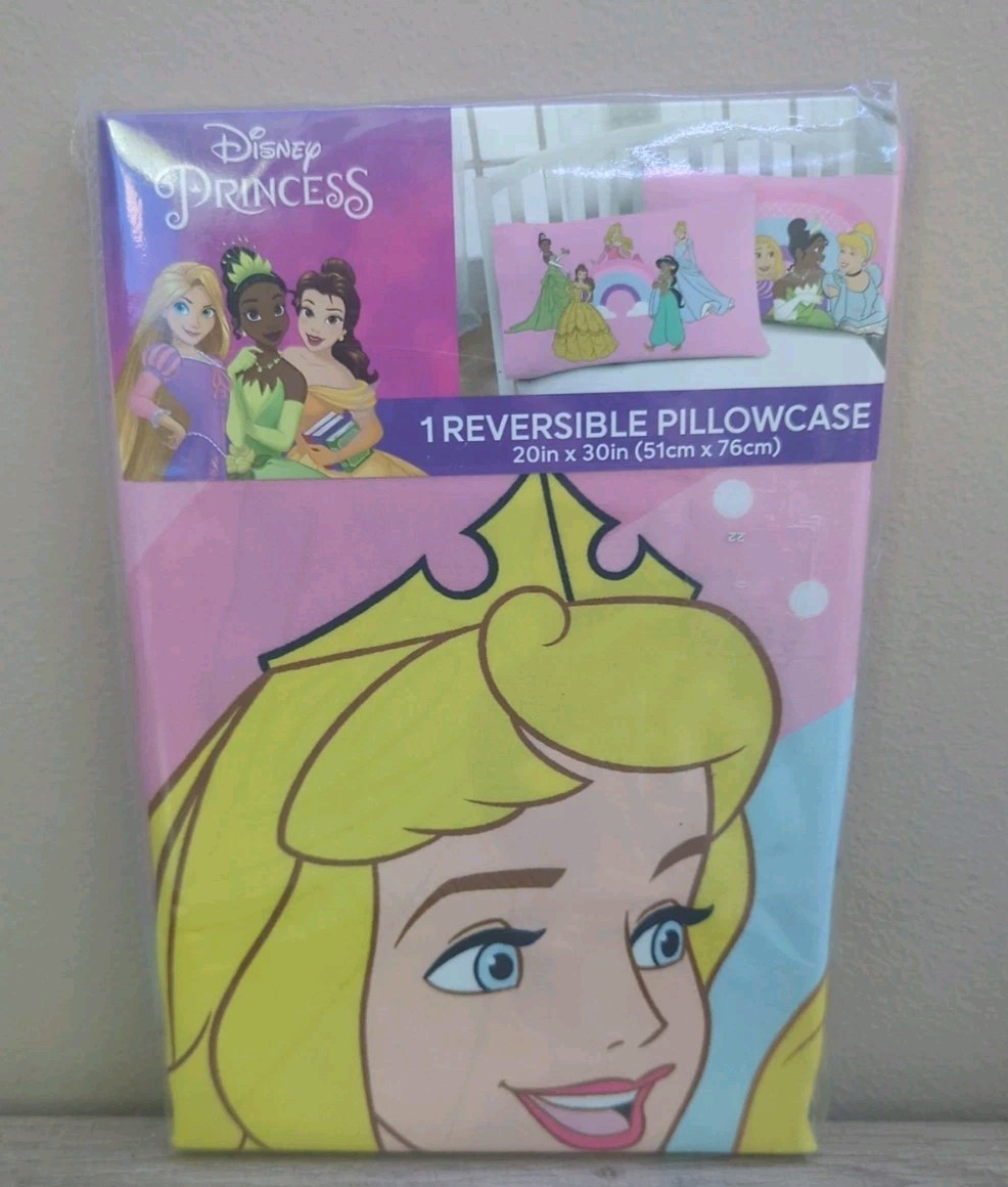 Disney Princess Reversable Pillow Case 20 in x 30 in Pink Polyester NEW