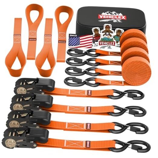 Ratchet Tie-Down Straps Set - (1" x 15', 2200lbs Breaking Strength) -  Orange
