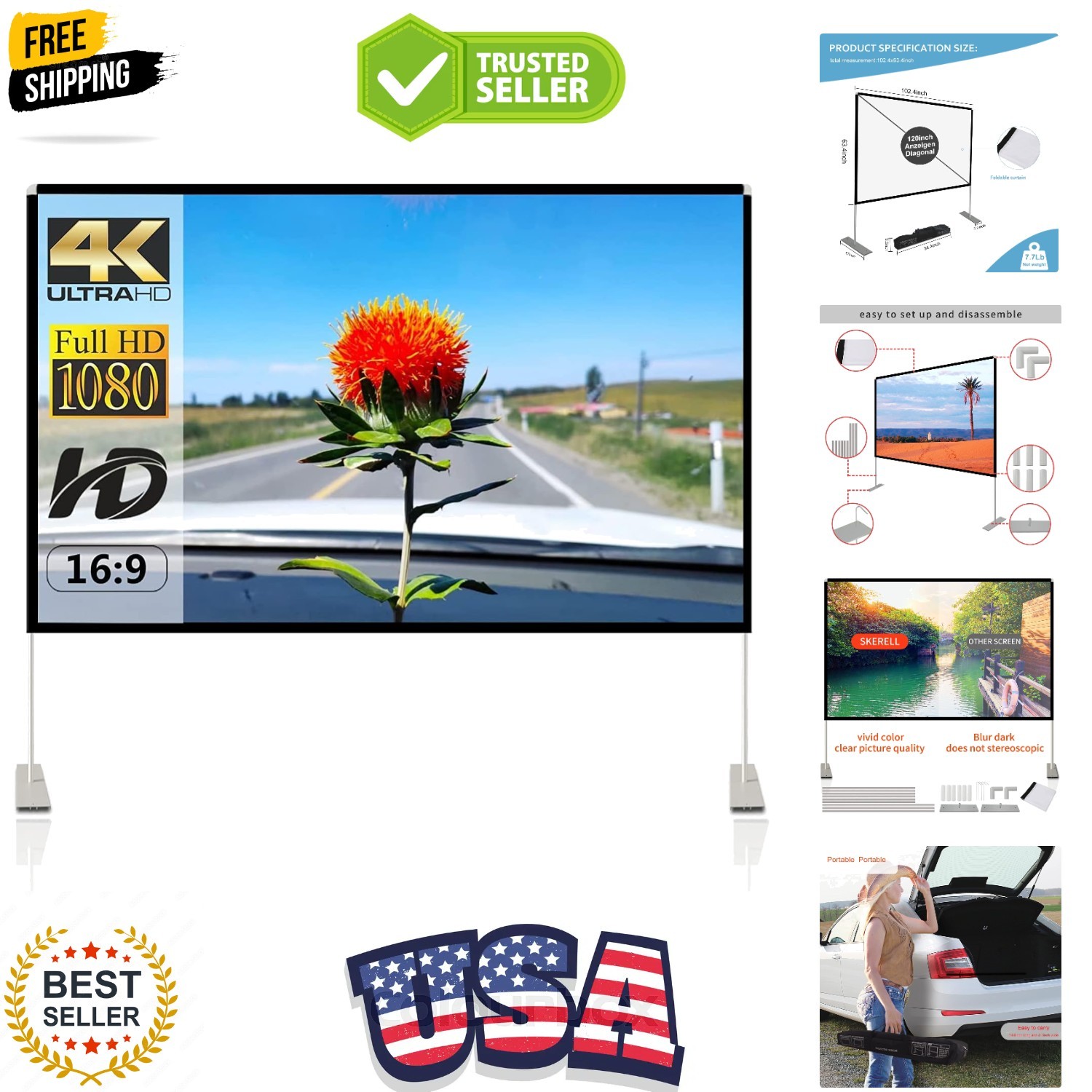 Projector Screen with Stand 120 inch Portable Projection Screen 16:9 4K HD Re...