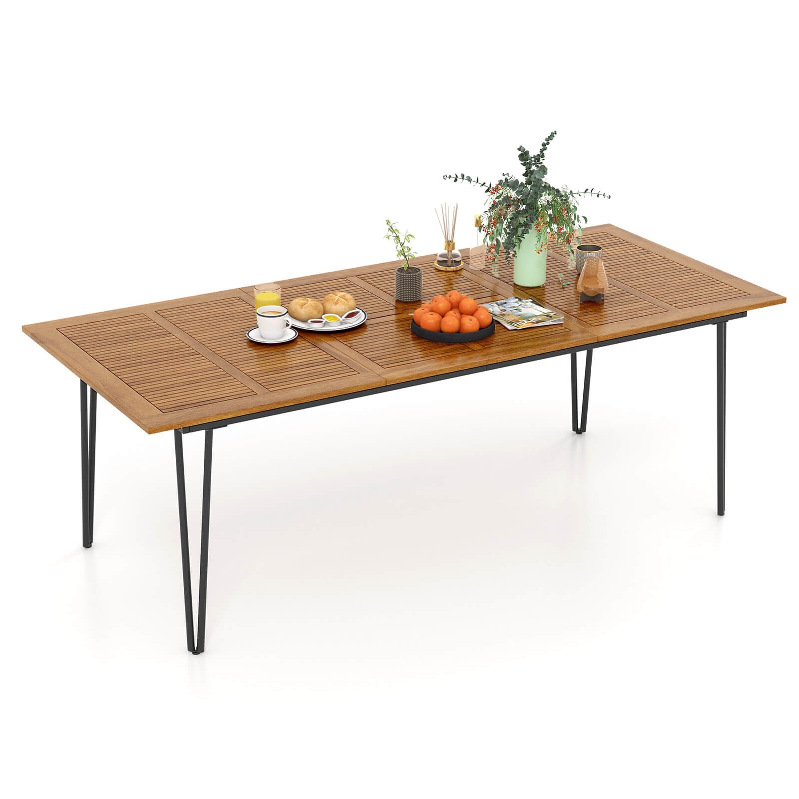 Outdoor 86.5-Inch Dining Table w/Acacia Wood Tabletop & Metal Legs Umbrella Hole