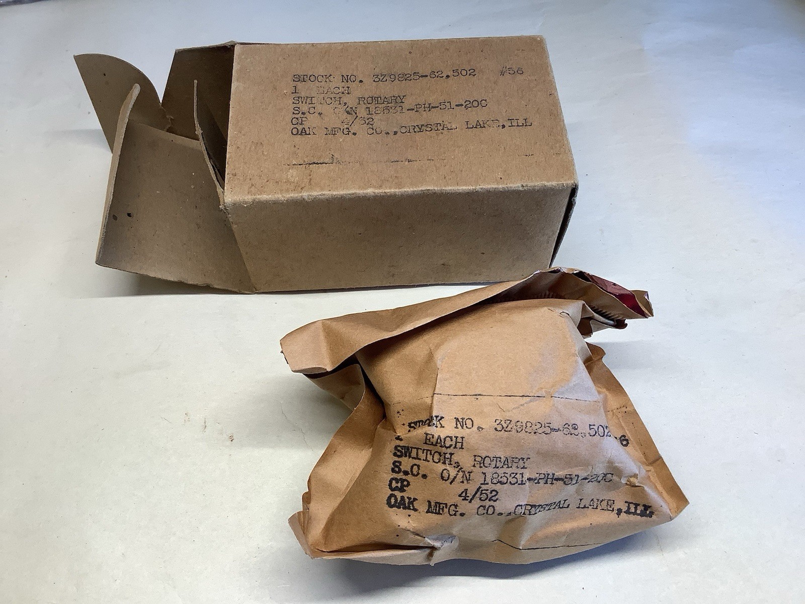 OAK MFG. Co. Rotary Switch 3Z9825-62.502 18531-PH-51-20C New