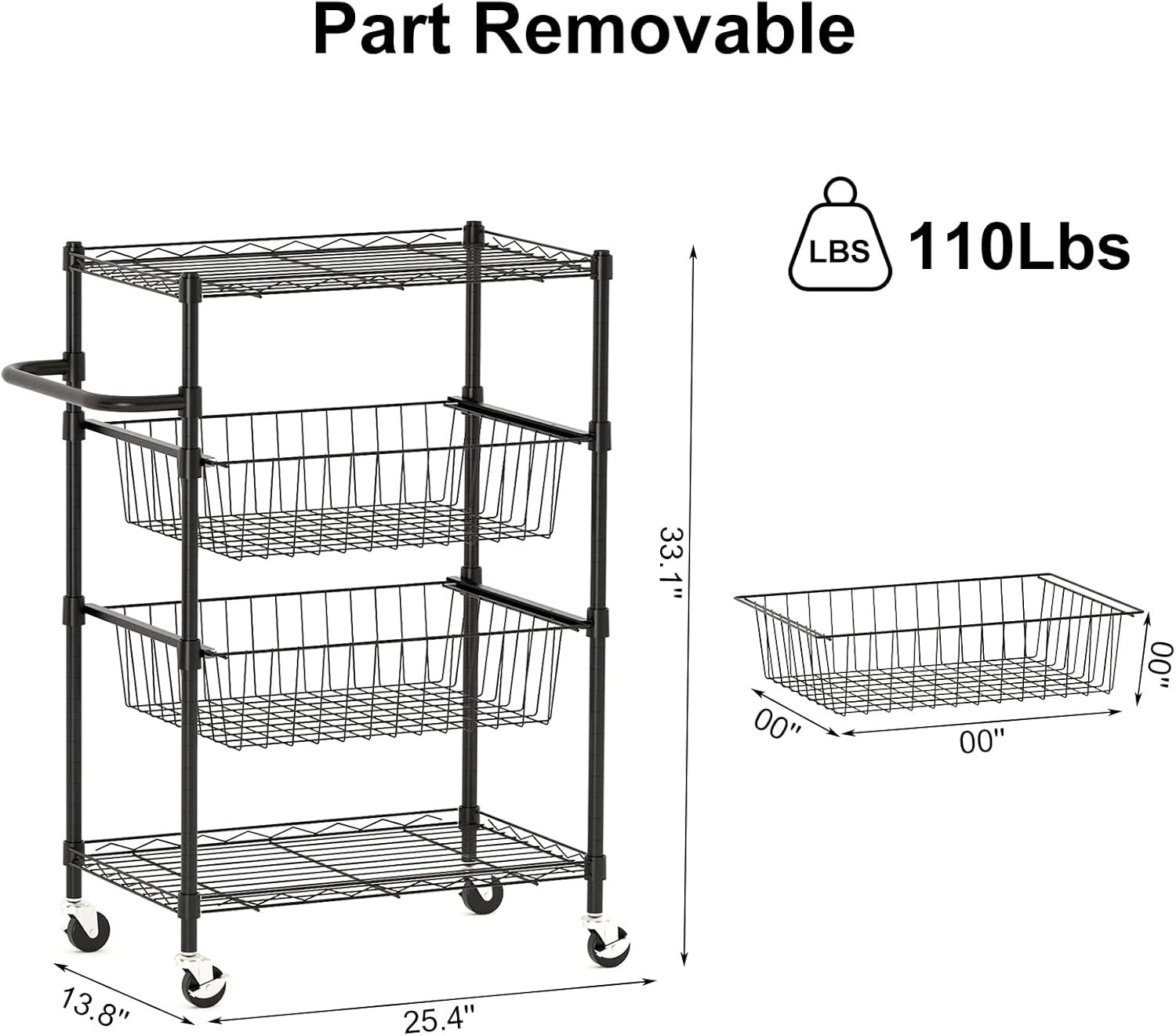 4-Tier Kitchen Cart Rolling Storage Utility Cart w/ Handle & 2 Removable Baskets