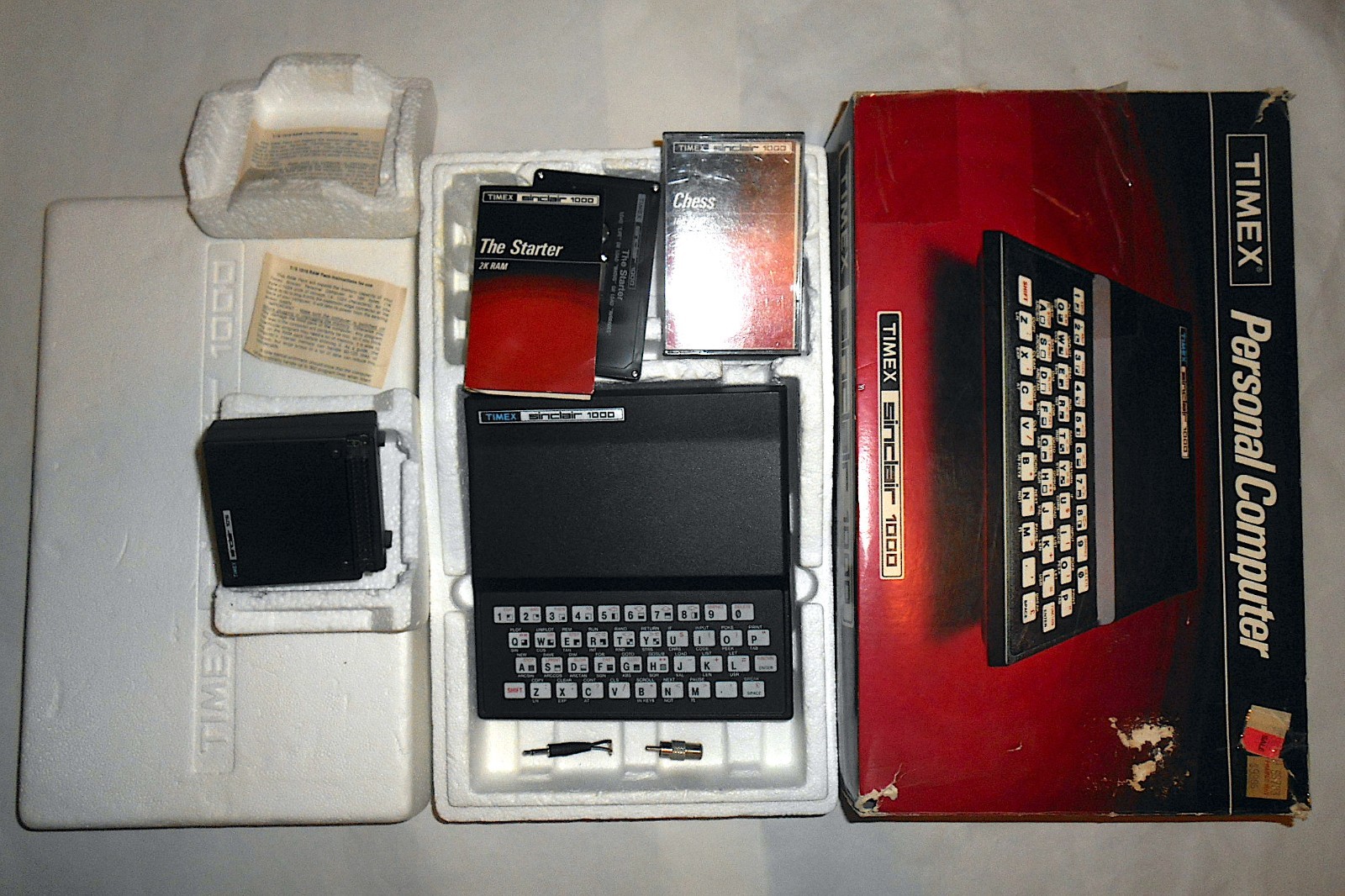 Vtg Timex Sinclair 1000 Computer, untested, & box, memory expansion, 2 cassettes