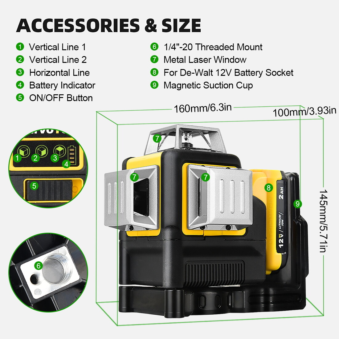 Laser Level for Dewalt 12V Green Line 3 x 360 Vertical 12 Lines +Battery+Charger