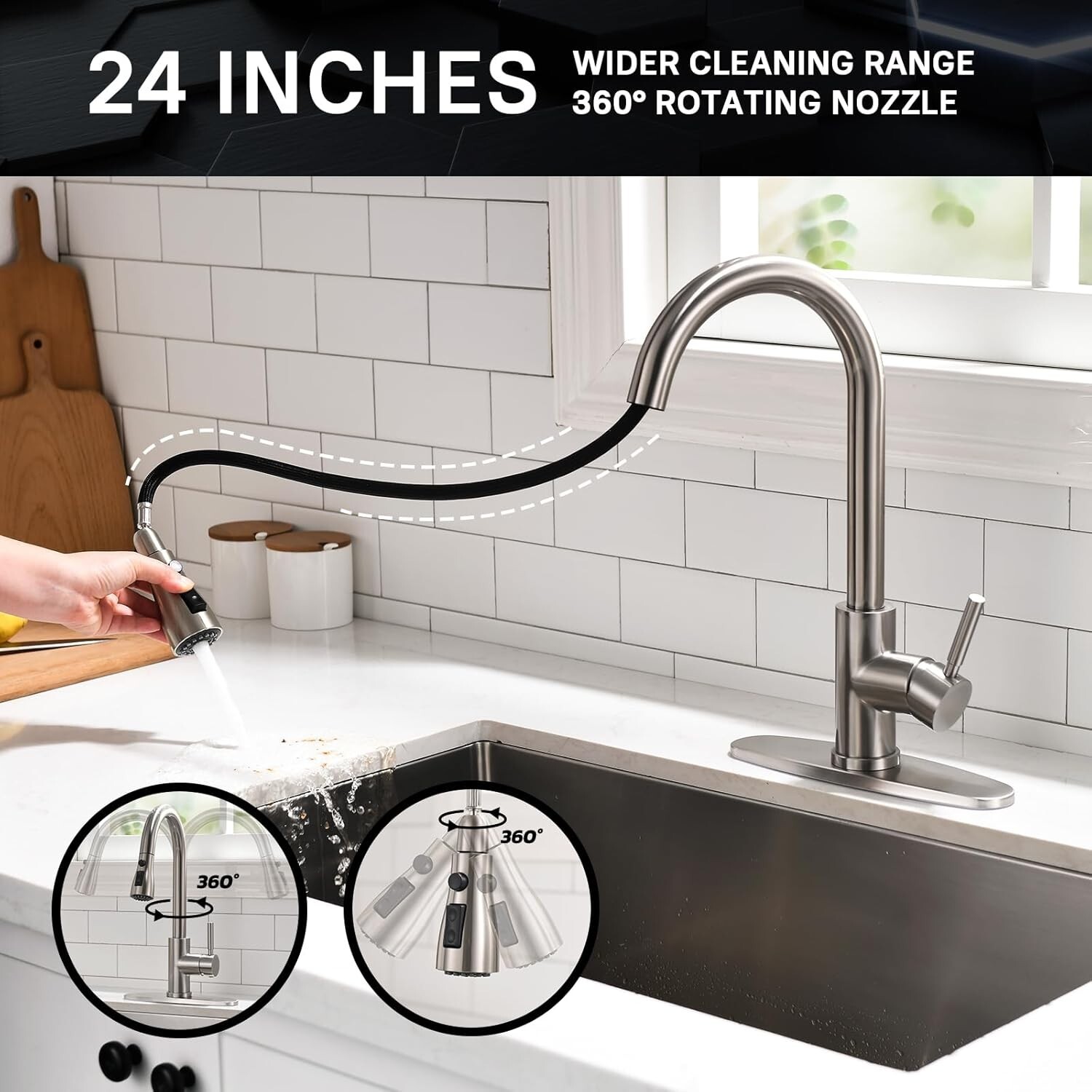 Stainless Steel Kitchen Faucet Single Handle Pull Down Sprayer with Deck Plate