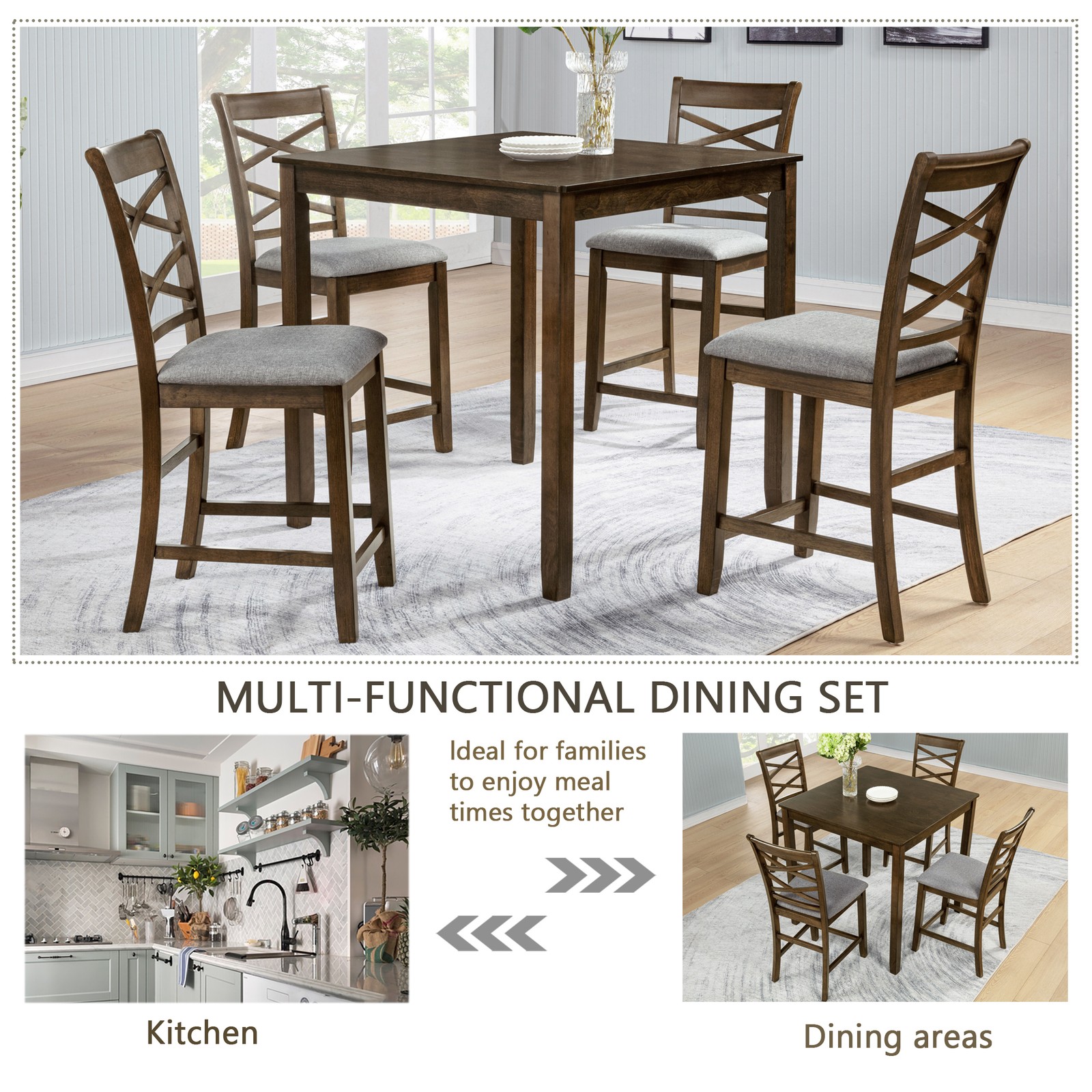 5-Piece Counter Height Square Wooden Dining Table Set w/ 4 Upholstered Chairs