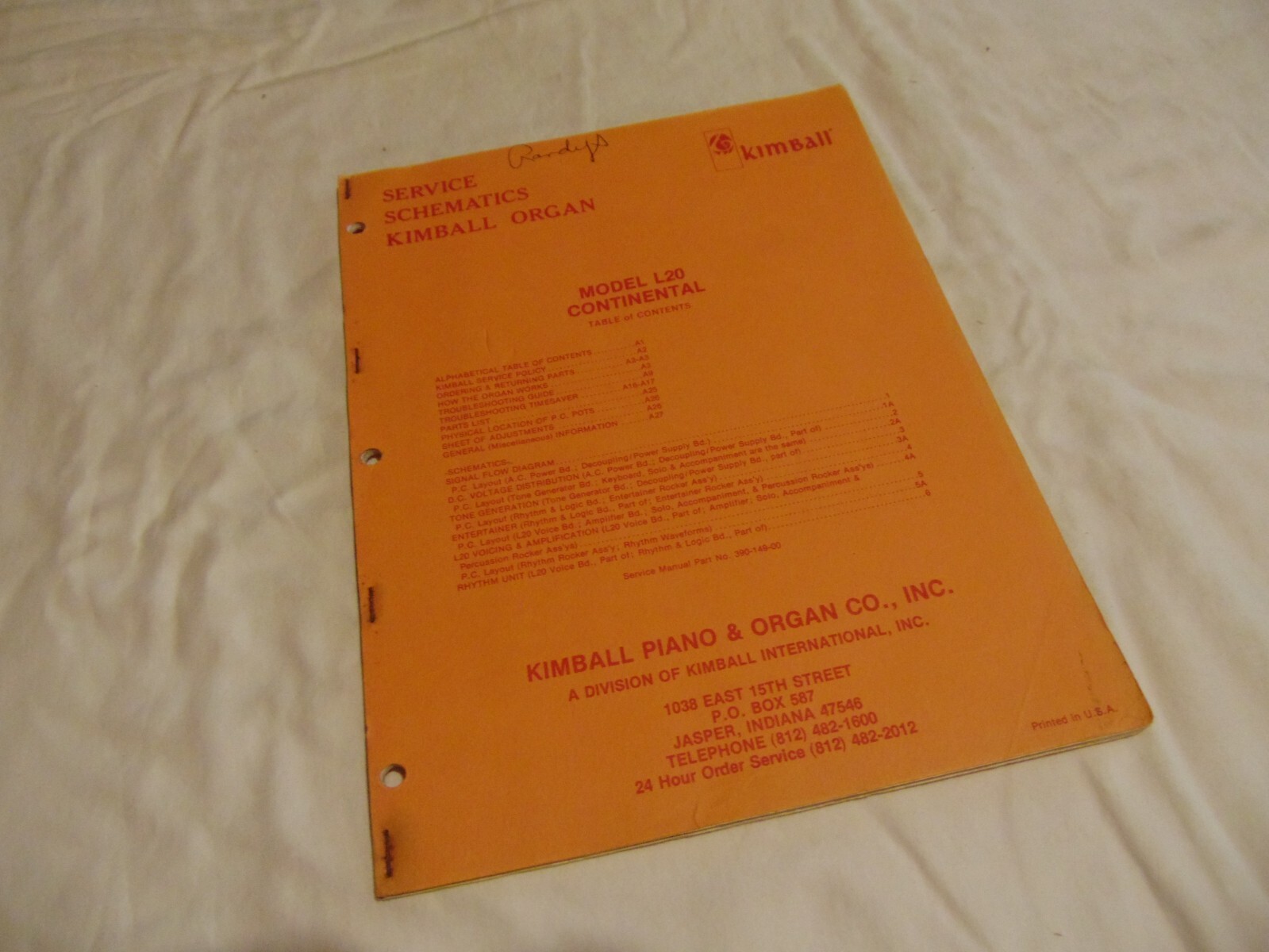 Kimball Organ L-20 Continental Service Repair Shop Manual Schematics Parts List