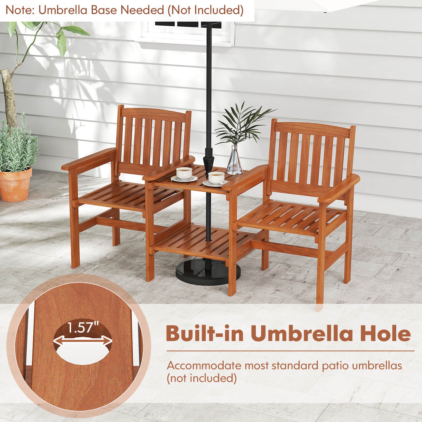 Outdoor Wood Bench Loveseat with Built-in Table 1.57" Umbrella Hole for Porch