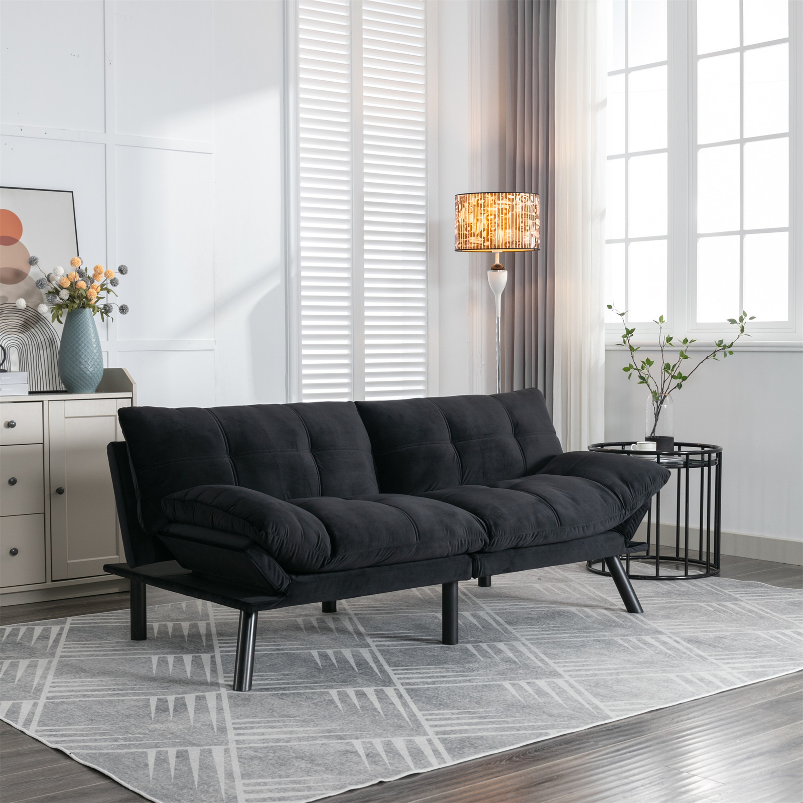 Black Convertible Folding Modern Sofa Bed Fit Small Apartment or Room Well
