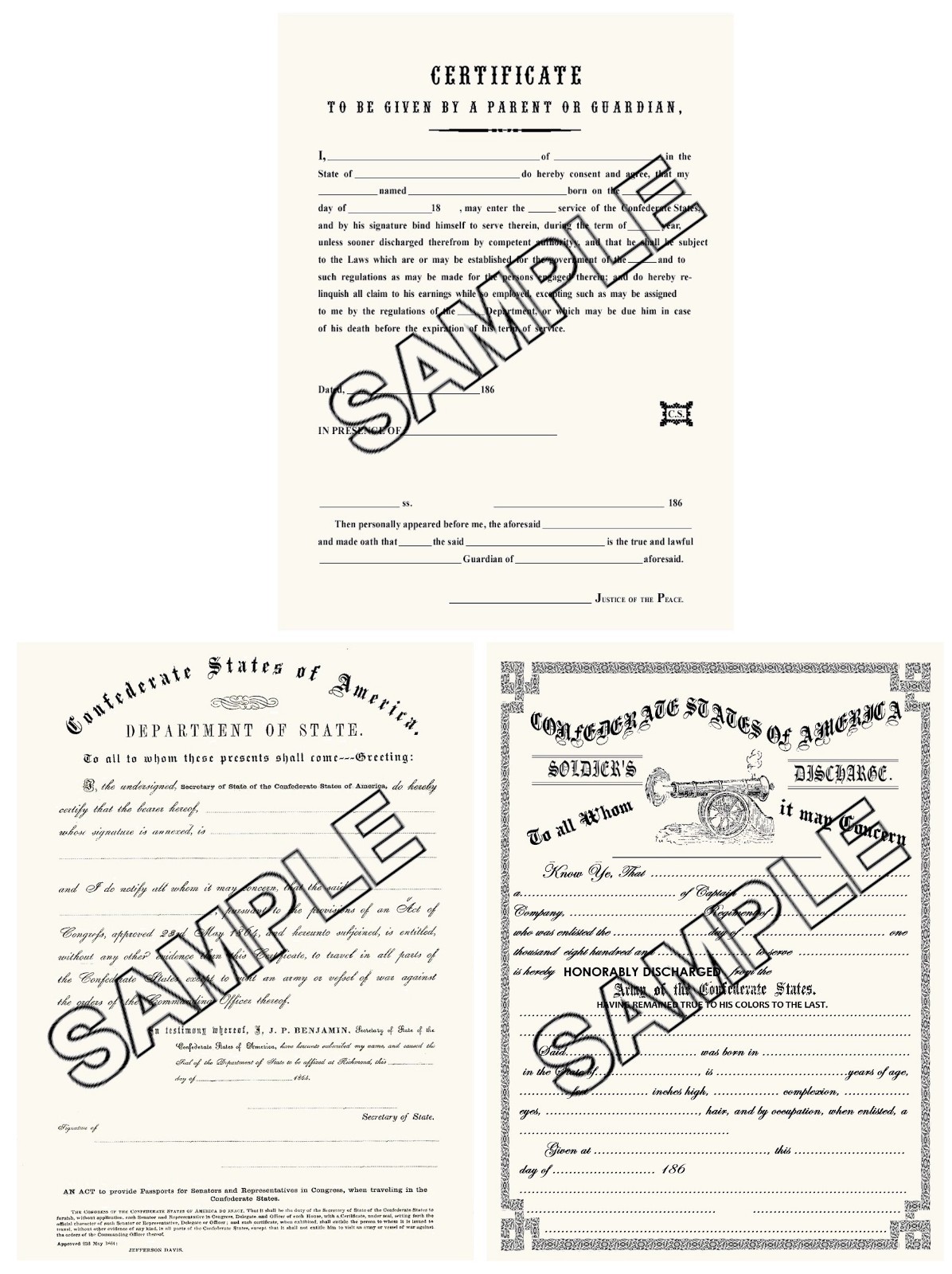 Civil War Confederate, Discharge, Travel Pass, Consent, Blank Reproductions