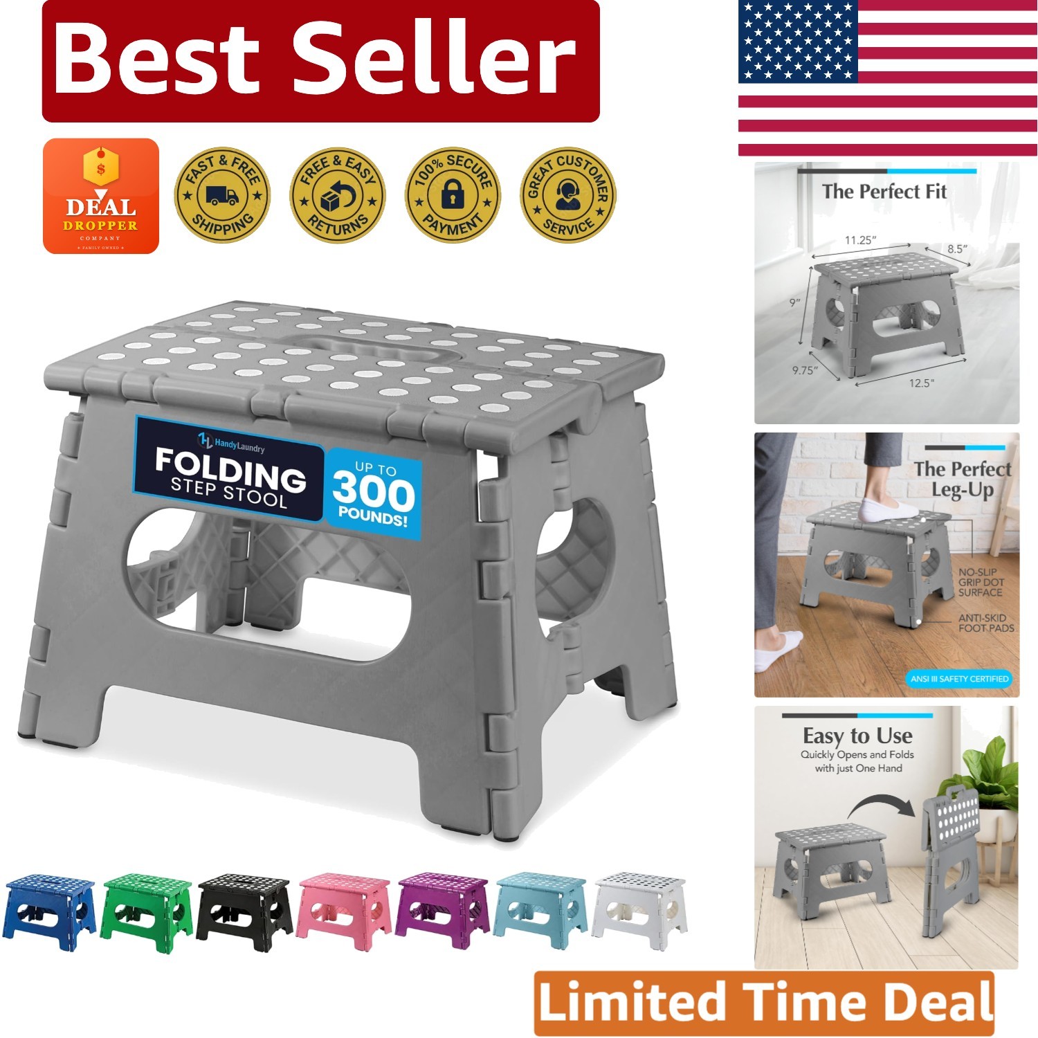 Sturdy Grey Folding Step Stool for Kitchen & Bathroom - Supports 300 lbs, 9-Inch